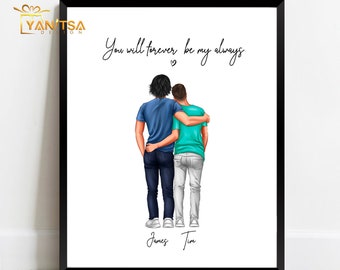 Custom Gay Couple Illustration -  Valentines Gift for Him - Gift for Him - Gift for Gay Boyfriend - Gift for Gay Husband