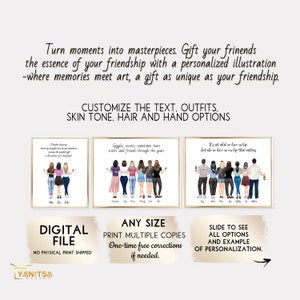 May include: A personalized illustration featuring groups of friends, with customizable text, outfits, skin tones, hair, and hand options. The image includes the text "Turn moments into masterpieces" and "Customize the text, outfits, skin tone, hair and hand options."