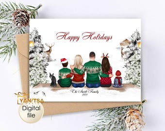 Frohe Feiertage Benutzerdefinierte Familien Porträt Weihnachtskarte - Personalisierte Weihnachtskarte mit Hirsch Schnee - Weihnachtskarte im Waldstil - Printable