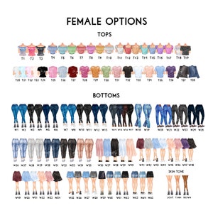 May include: A digital illustration showcasing various female clothing options. The image is divided into sections for tops and bottoms, with a range of styles including off-the-shoulder tops, t-shirts, jeans, skirts, and shorts. Skin tone options are also displayed.