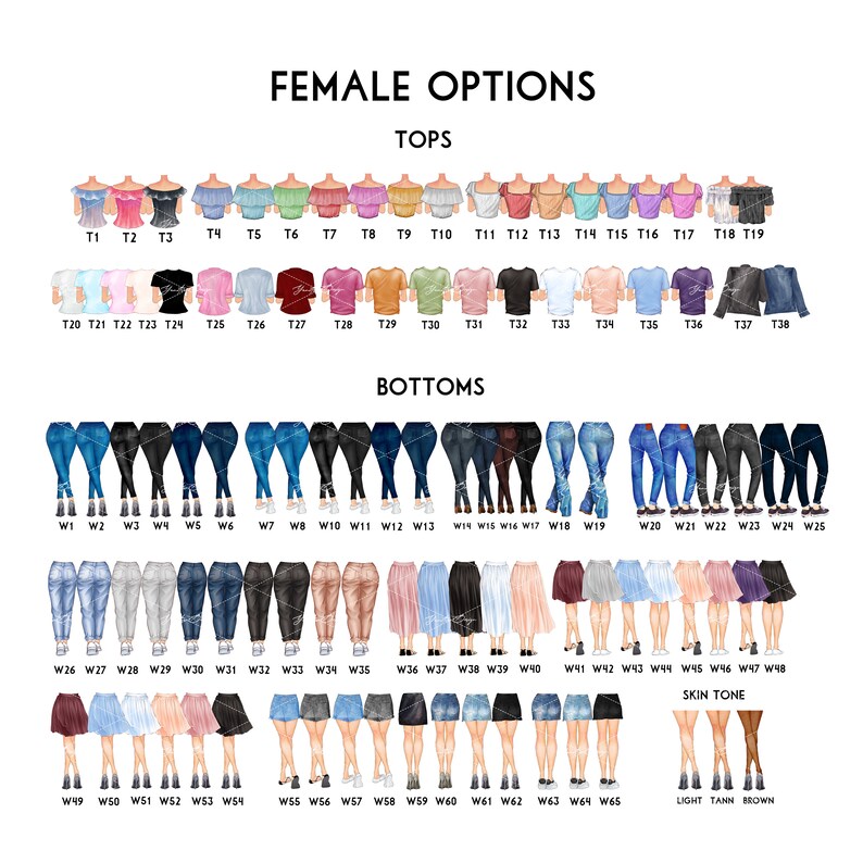 May include: A digital illustration showcasing various female clothing options. The image is divided into sections for tops and bottoms, with a range of styles including off-the-shoulder tops, t-shirts, jeans, skirts, and shorts. Skin tone options are also displayed.