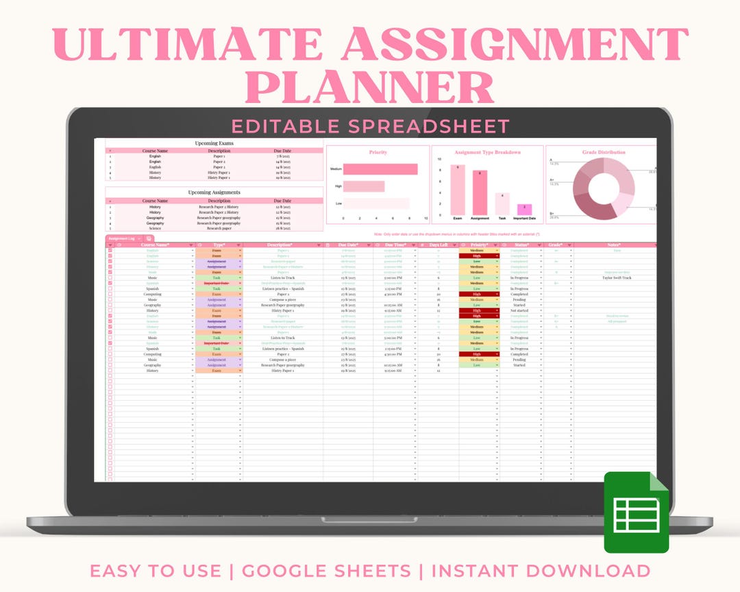 Pink Assignment Tracker Google Sheets University College Student ...