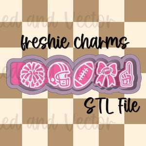 May include: A pink and white 3D printed cookie cutter featuring a cheerleading pom-pom, a football helmet, a football, a hair bow, and a number one foam finger. The design includes the text freshie charms and STL File in black script.