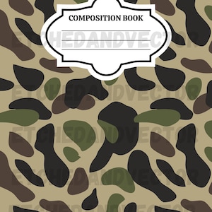 May include: A composition book with a camouflage pattern in shades of brown, green, and black. The cover features a white label with the words "COMPOSITION BOOK" in black text.