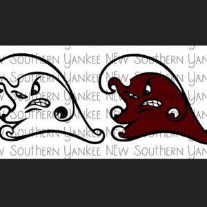 May include: Two cartoon waves with angry faces. The wave on the left is white and the wave on the right is maroon.