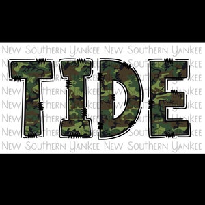 Pode incluir: Um gráfico de camuflagem do texto "TIDE" com contorno preto e detalhes de costura.