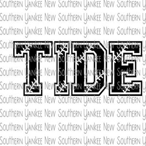 Pode incluir: Gráfico preto e branco da palavra "TIDE" em uma fonte de estilo universitário com costuras brancas ao redor das letras. As letras são contornadas em branco e têm um padrão de pontos de costura de beisebol brancos dentro de cada letra.