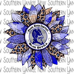 May include: A blue and white sunflower with a leopard print design. The center of the sunflower features a blue and white logo with the text "Pearl River Central Blue Devils".