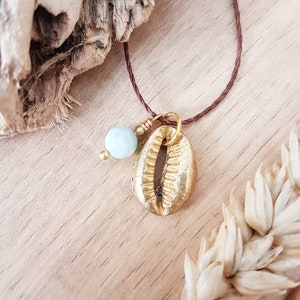 Kauri Muschel Larimar Symbolkette Edelsteine Boho Hippie Goa Natur Yoga Beach Makrameeschmuck