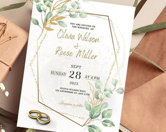 Greenery and Gold Wedding Eucalyptus Invitation, Editable Eucalyptus Wedding Invites, Printable Wedding Invites Template.