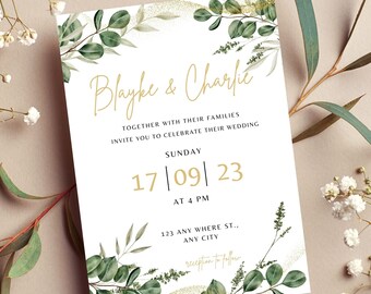 Greenery and Gold Wedding Eucalyptus Invitation, Editable Eucalyptus Wedding Invites, Printable Wedding Invites Template,