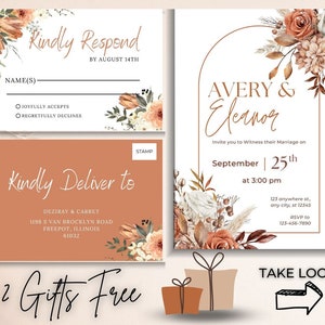 Boho Floral Wedding Invite Suite,Terracotta Wedding Invitation Template Set, Modern Burnt Orange Rose Elegant Details, Pampas RSVP