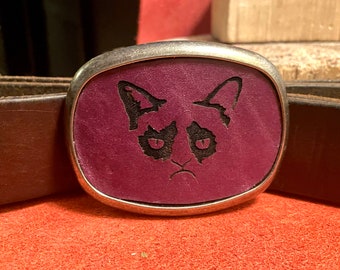 One-of-a-kind Engraved Leather Belt Buckle: Grumpy