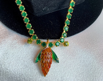 Unique Pine Cone Necklace with green rhinestones!