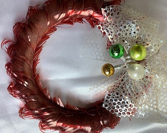 Unique Red 8.25&quot; Cellophane Wreath with Ribbon & Small Ornaments!
