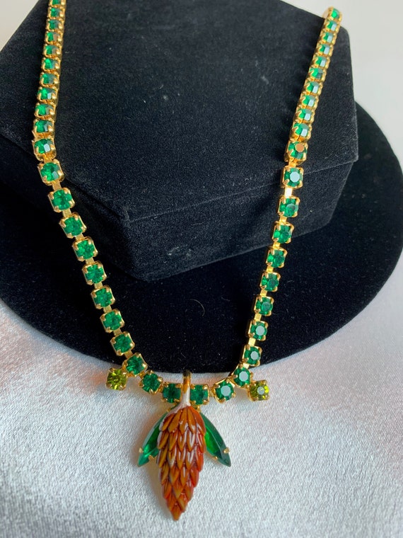 Unique Pine Cone Necklace with green rhinestones!