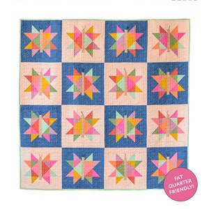 May include: A quilt pattern called "Flitter Critter" by Christina West. The pattern features a butterfly design with a starburst background. The quilt is made up of 12 blocks, each with a different colour combination. The pattern is fat quarter friendly and is labelled as #007.