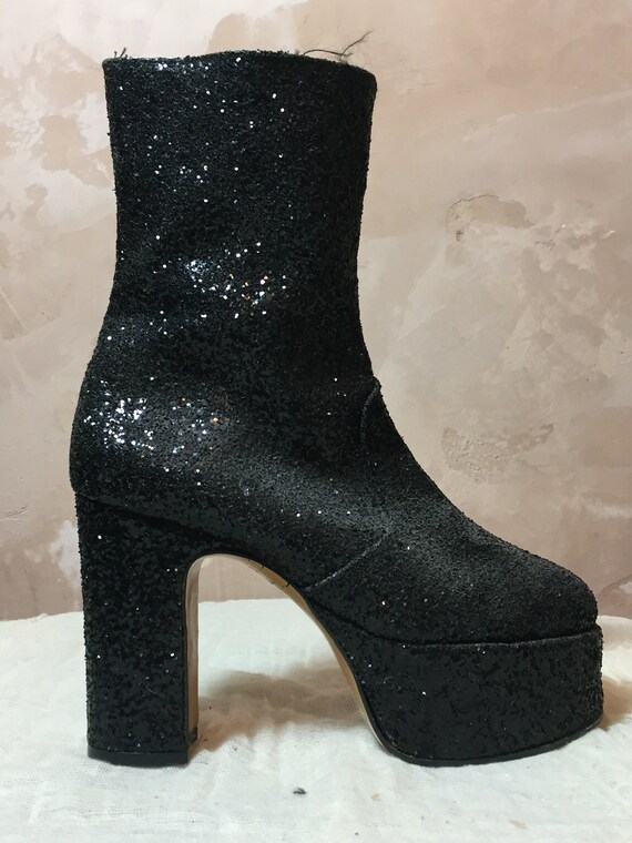 1970s Original Black Glitter Glam Platform Ankle B