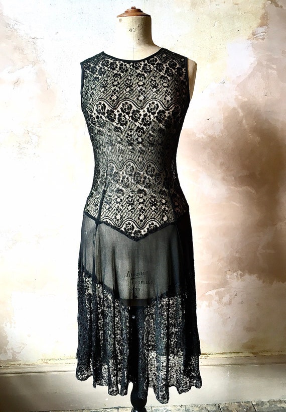 1930s Black Floral Lace Sheer Dress
