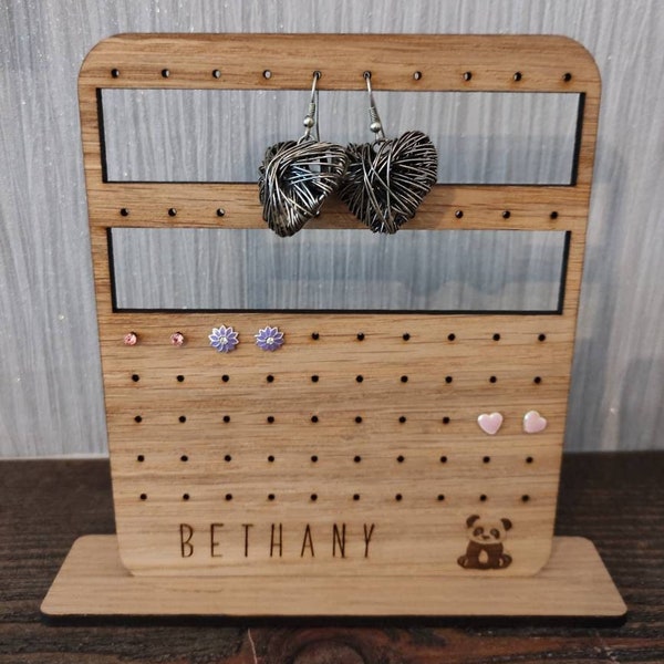 Personalised earring stand and holder, holds 20 studs and 8 dangly pairs of earrings