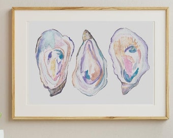 Oyster shell watercolor art digital download | coastal beach wall artwork | colorful oyster painting