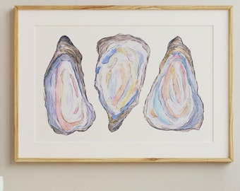 Oyster shell watercolor art digital download | coastal beach wall artwork | colorful oyster painting