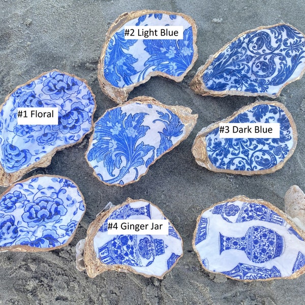 Oyster Shell Art, Ring Bowl, Chinoiserie, Dish, blue and white, Jewelry holder, Bridesmaid Gift, Mother of Bride