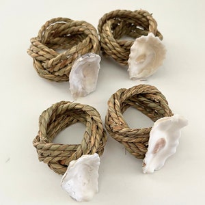 Oyster Shell & Rattan Napkin Rings Set of 4 |  Napkin Holder Ring | Coastal decor tablescape | Housewarming gift | Raffia cloth napkin ring