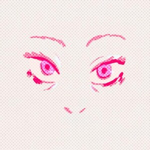 Pode incluir: Ilustração digital de um rosto com olhos, sobrancelhas e nariz rosa. Os olhos são detalhados com sombras e realces rosa. O fundo é um padrão de pontos rosa claro.