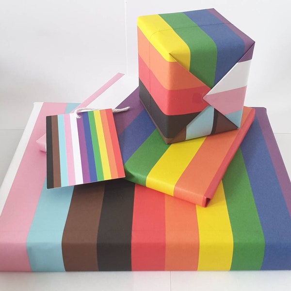 LGBTQ+ Pride Wrapping Paper Gift Wrap Tag Set Progress Flag Eco Present Bride Wedding Birthday Celebration Festival