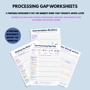 May include: Four printable worksheets titled Processing Gap Worksheets, Conversation Re-Entry, Holding the Response, The Processing Gap Map, and The Words Arrive. These white documents feature black text, lines for writing, and pastel-colored accents.