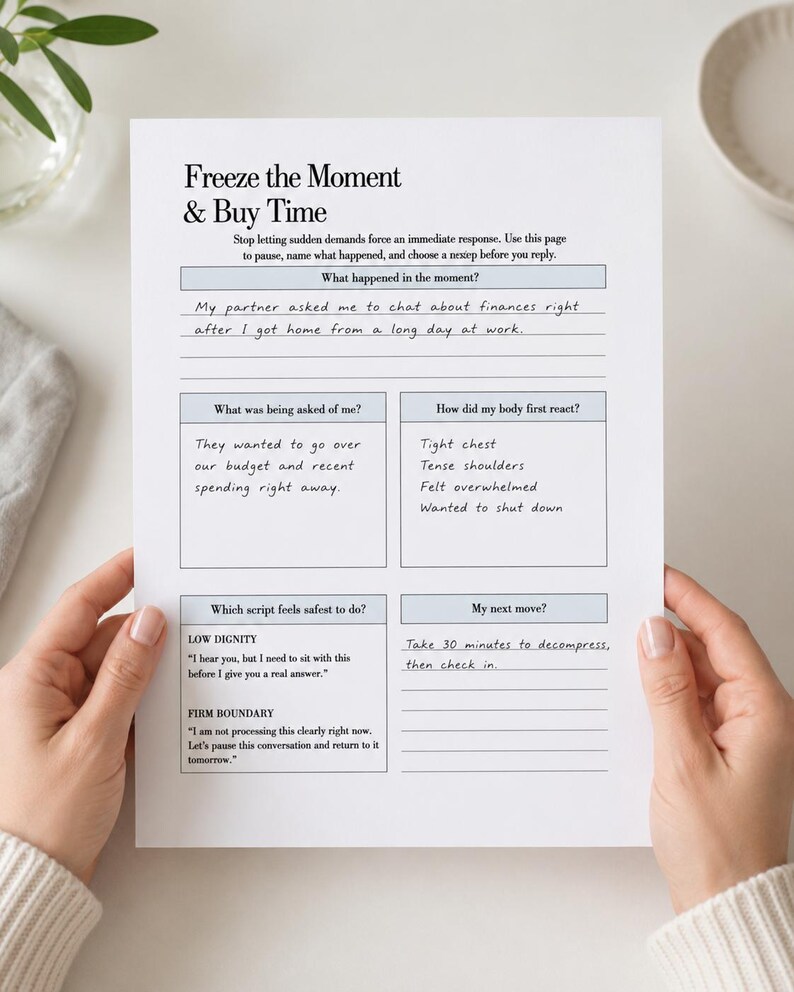 May include: A white paper worksheet titled Freeze the Moment & Buy Time with black text and light blue headers. It includes sections for What happened in the moment, What was being asked of me, How did my body first react, Which script feels safest to do, and My next move, with handwritten responses filled in.