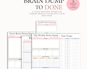 Op de afbeelding: Een 5-pagina's tellend printbaar systeem getiteld FROM BRAIN DUMP TO DONE, met diverse sjablonen voor taakbeheer. De pagina's bevatten secties met de labels Extra Brain Dump Space, The Weekly Mini Brain Dump, The Weekly Brain Dump en Task Triage.