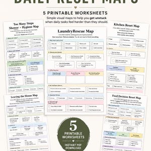 May include: A set of five printable ADHD Daily Reset Maps worksheets featuring checklists for shower hygiene, laundry, kitchen cleaning, leaving the house, and food decisions. The documents include text, checkboxes, and color-coded sections for task management.