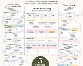 Op de afbeelding: Een set van vijf printbare ADHD Daily Reset Maps werkbladen met checklists voor douchehygiëne, was, keuken, het huis verlaten en voedselkeuzes. De documenten bevatten tekst, selectievakjes en kleurgecodeerde secties voor taakbeheer.