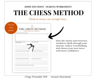 Foglio di lavoro stampabile per il processo decisionale in caso di ADHD, Metodo degli scacchi in PDF, Strumento per pianificare la gestione del rimuginare eccessivo, Strumento per la chiarezza decisionale, Download immediato