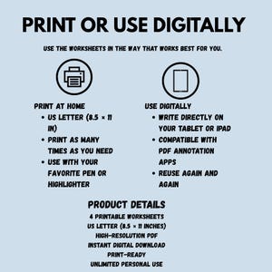Op de afbeelding: Een lichtblauwe infographic met de titel PRINT OR USE DIGITALLY. Het toont twee opties: thuis printen op 21,59 x 27,94 cm papier of digitaal gebruiken op een tablet. PRODUCT DETAILS vermeldt 4 werkbladen als PDF-bestanden met hoge resolutie.