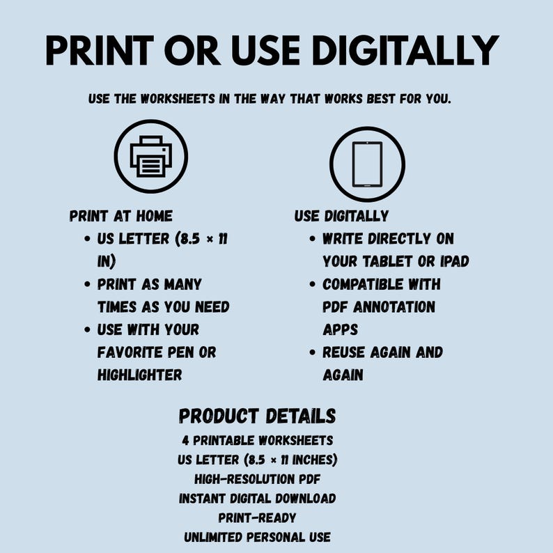 Op de afbeelding: Een lichtblauwe infographic met de titel PRINT OR USE DIGITALLY. Het toont twee opties: thuis printen op 21,59 x 27,94 cm papier of digitaal gebruiken op een tablet. PRODUCT DETAILS vermeldt 4 werkbladen als PDF-bestanden met hoge resolutie.