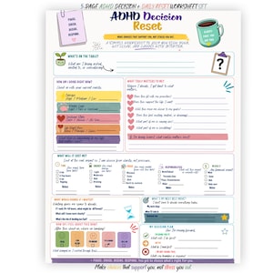 May include: A 5-page ADHD decision and daily reset worksheet set featuring sections for energy, mental load, emotional state, and life rhythm. The document includes prompts for decision-making, cost analysis, and a final decision plan with colourful icons.