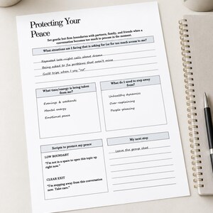 May include: A white paper worksheet titled Protecting Your Peace with black text and light blue headers. The document includes sections for identifying boundaries, time and energy usage, unhealthy dynamics, and scripts for protecting personal peace.