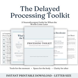 May include: The Delayed Processing Toolkit: A Neurodivergent Guide for When the Words Come Later. A collection of printable document pages featuring text, numbered lists, and headers. The central cover page displays the title and subtitle clearly.