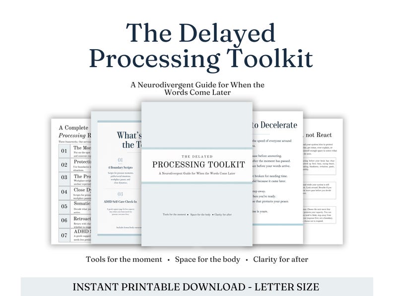 May include: The Delayed Processing Toolkit: A Neurodivergent Guide for When the Words Come Later. A collection of printable document pages featuring text, numbered lists, and headers. The central cover page displays the title and subtitle clearly.
