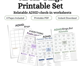 ADHD Bingo Printable Set, Relatable Check-in Worksheets (Digital Download)