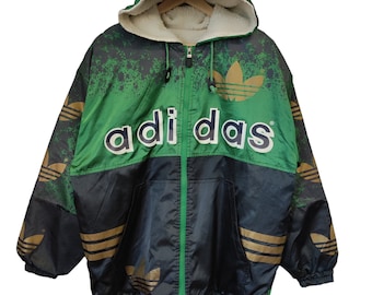 90s Ugly Adidas Made in Japan ADIDAS Big Logo Trefoil Adidas Long Jacket Hooded Hip Hop Adidas Three Stripes Vintage Adidas Boxer robe Large