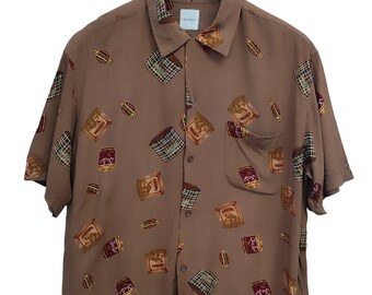 90er Jahre Vintage Japanisch Karl Helmut Kollektion Camel Tabak Hawaii Hawaiian Original Island Shirt aus 100% Viskose Aloha Vintage Large made in Japan