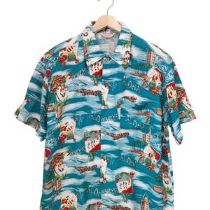Vintage Hawaii Tom Short Aloha Surf Aloha Hawaiian Shirt 100% Rayon Waipahu Hawaiian Aloha Luau girl dancing tropical Hawaiian shirt blue