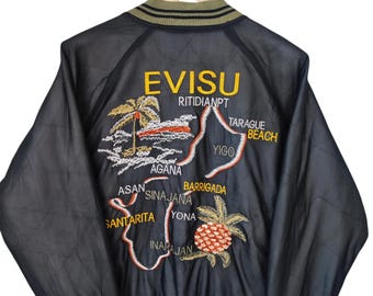 Vintage Souvenir Evisu Satin Jacket Sukajan Evisu Du Osaka USS Japan Made Sukajan Japan Fuji Maps Souvenir jacket black Large Evisu Yamane