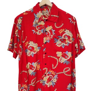 90s Vintage Intercourse original Authentic Hawaii Japan Hawaiian 100% rayon Shirt Aloha Tropicana ukulele Japanese Collection Vintage red L