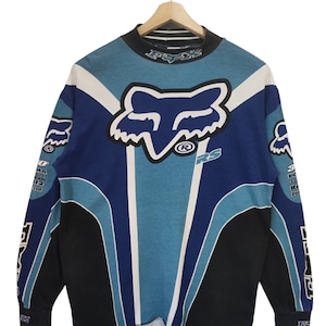 Vintage 90&#39;s Fox Racing Team Motocross Blue Long Sleeve Tshirt Large Fox Racing Motocross Overprinted Extreme Sports Dirt Bike Tshirt Size M