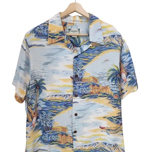 Vintage 90s Kamehameha Aloha Surf Aloha Hawaiian Shirt 100% Rayon Waipahu Hawaiian Aloha Luaul beach  tropical Hawaiian shirt blue Large